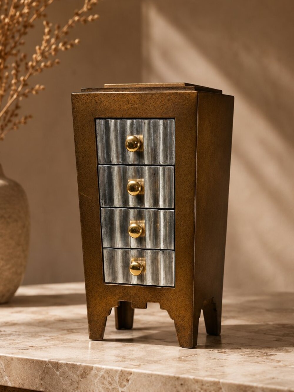 Artmax Bronze Silver Metal Large Jewelry Box 4 Drawer Vintage Rare Unique 80s